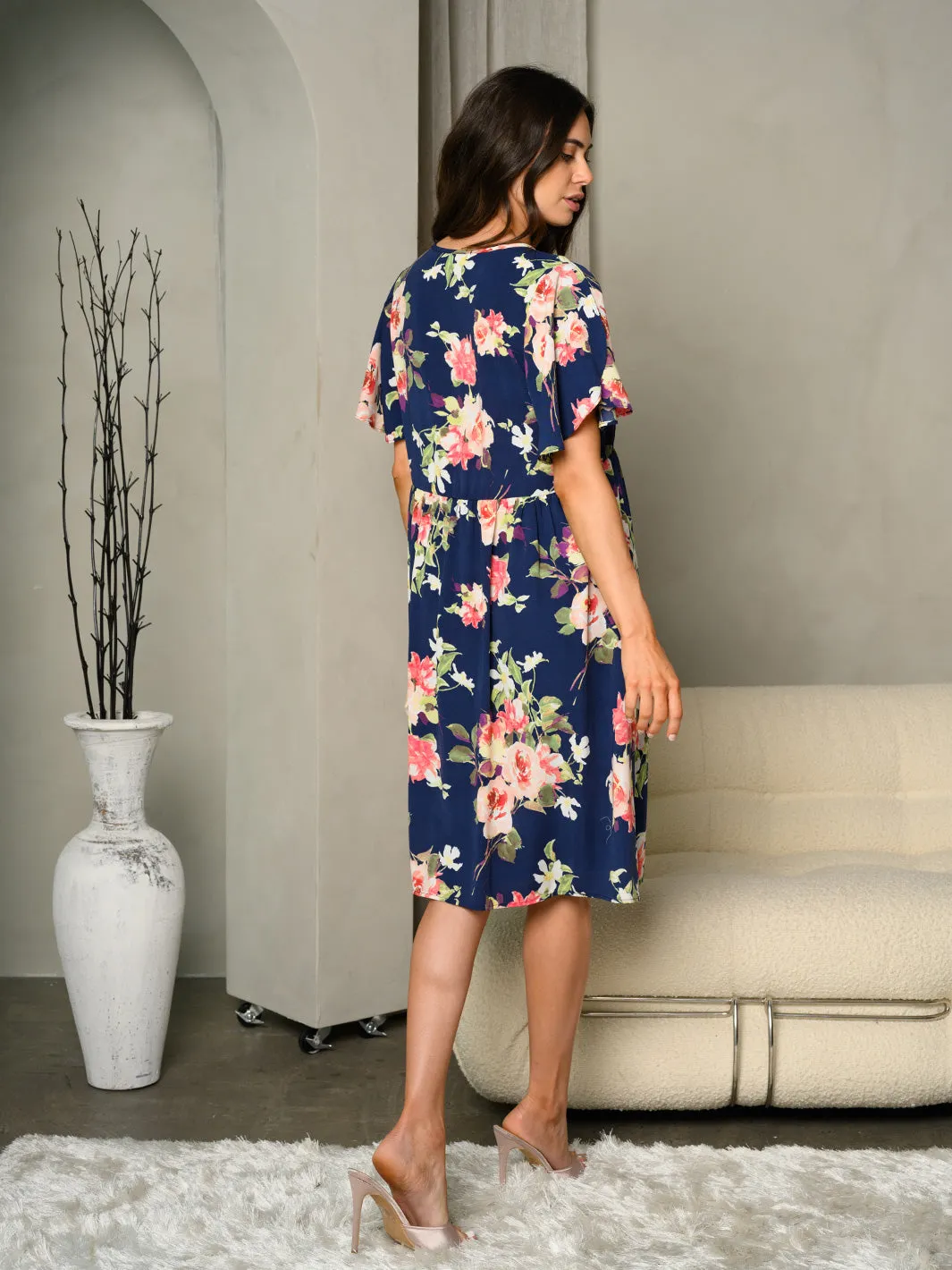 WOMEN'S FLORAL PRINT FLUTTER SLEEVE EMPIRE MIDI DRESS