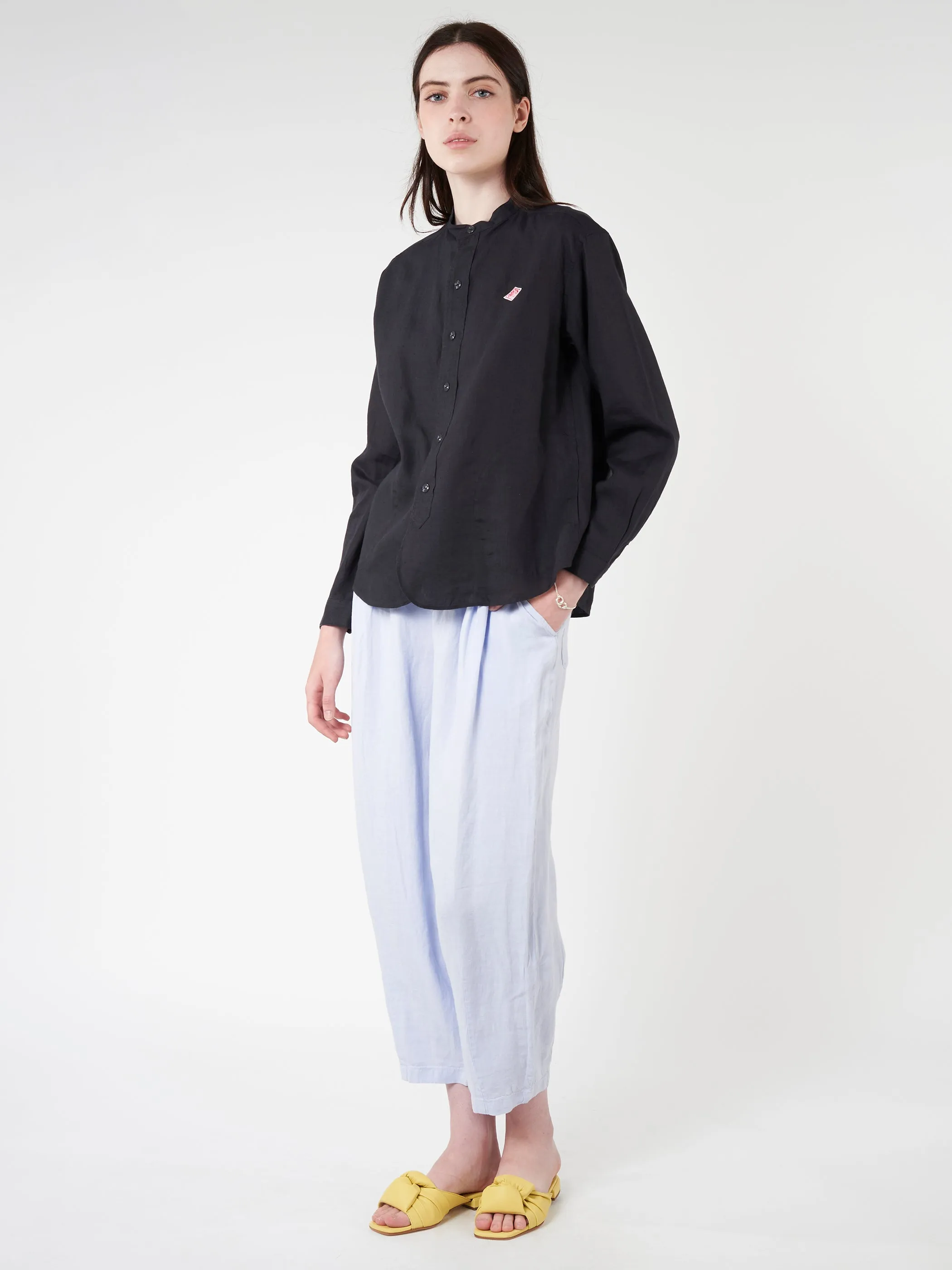 Women's Linen Band Collar Shirt
