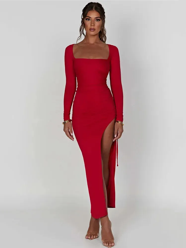 Women's Long Sleeve Ruched High Split Maxi Dress Square Collar Drawstring Bodycon Sexy Party Long Maxi Dress Elegant Fashion