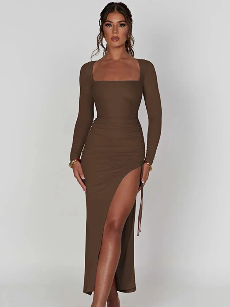 Women's Long Sleeve Ruched High Split Maxi Dress Square Collar Drawstring Bodycon Sexy Party Long Maxi Dress Elegant Fashion