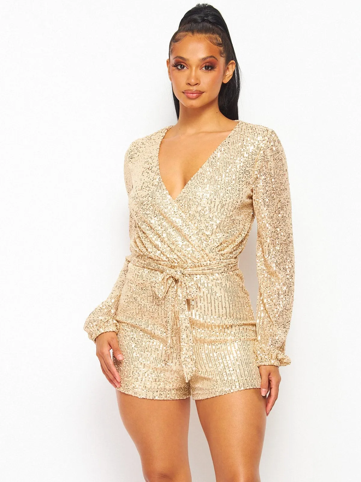 WOMEN'S LONG SLEEVE SELF TIE SURPLICE SEQUINS ROMPER