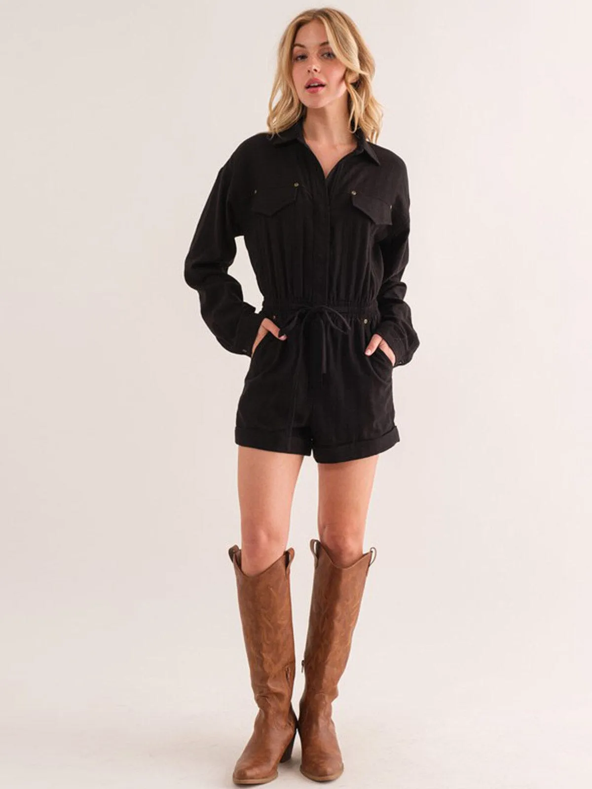 WOMEN'S LONG SLEEVE ZIP UP POCKETS ELASTIC WAIST ROMPER