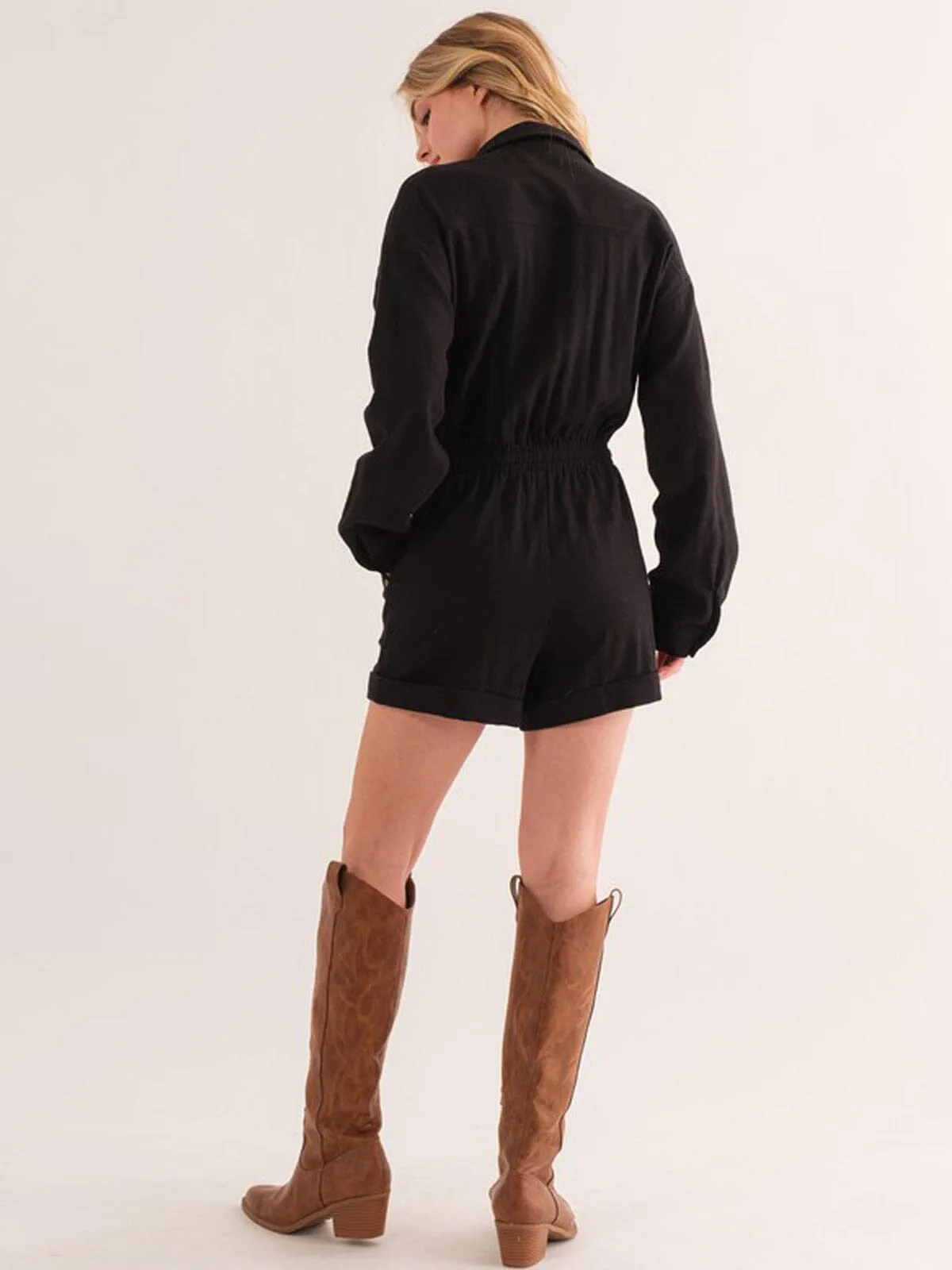 WOMEN'S LONG SLEEVE ZIP UP POCKETS ELASTIC WAIST ROMPER