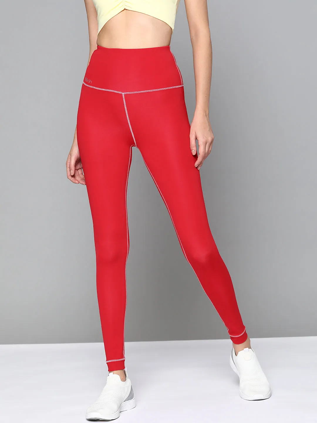 Women's Red & Off-White Solid Reversible Rapid-Dry Training Tights