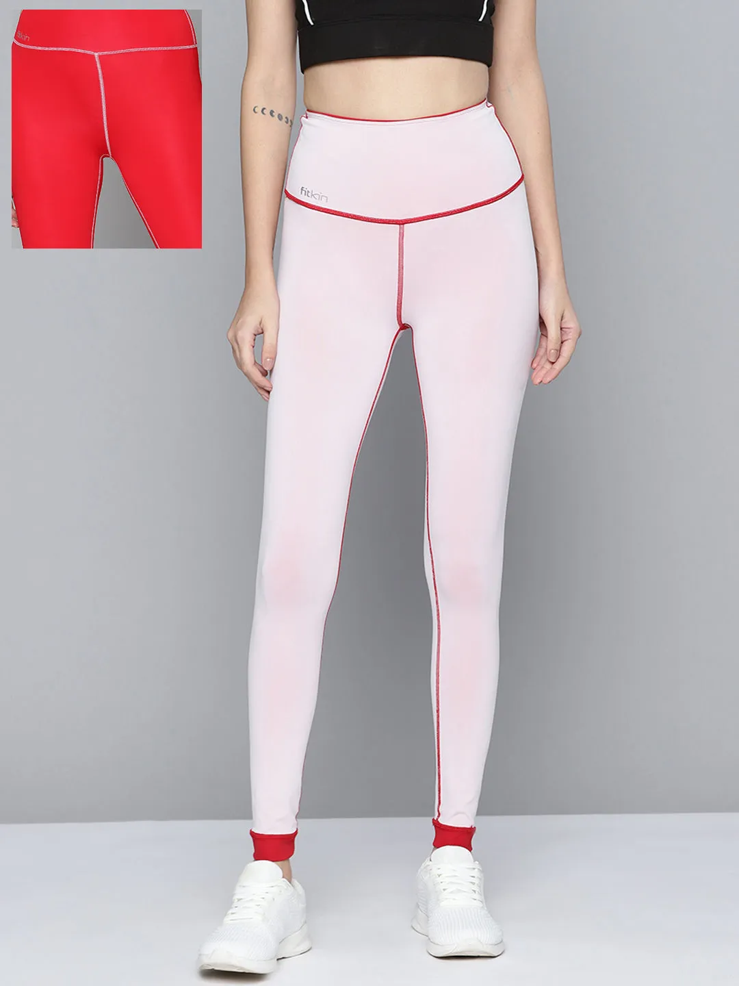 Women's Red & Off-White Solid Reversible Rapid-Dry Training Tights