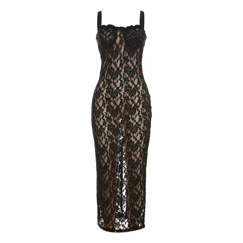Women's Sexy Lace Floral Long Black Dress Spring/Summer Mesh See-Through Maxi Elegant Party Beach Dress