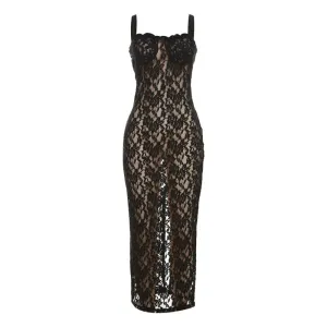 Women's Sexy Lace Floral Long Black Dress Spring/Summer Mesh See-Through Maxi Elegant Party Beach Dress