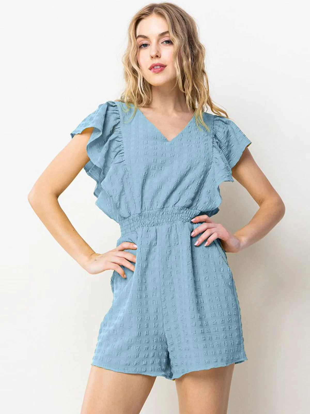WOMEN'S SHORT SLEEVE SMOCK WAIST POCKETS RUFFLE ROMPER