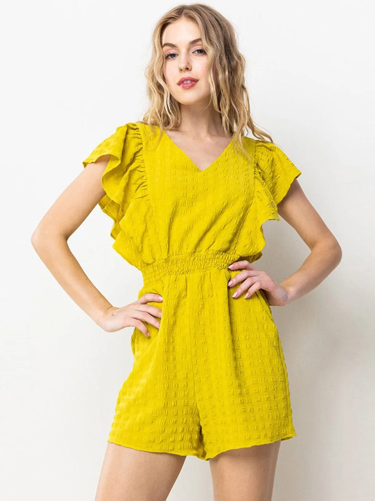 WOMEN'S SHORT SLEEVE SMOCK WAIST POCKETS RUFFLE ROMPER
