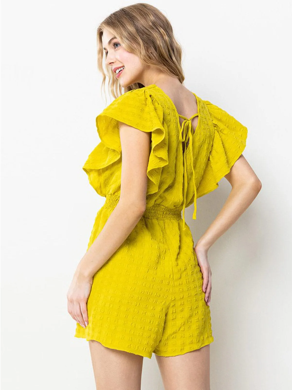 WOMEN'S SHORT SLEEVE SMOCK WAIST POCKETS RUFFLE ROMPER