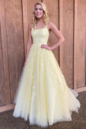 Yellow tulle lace long prom dress yellow evening dress